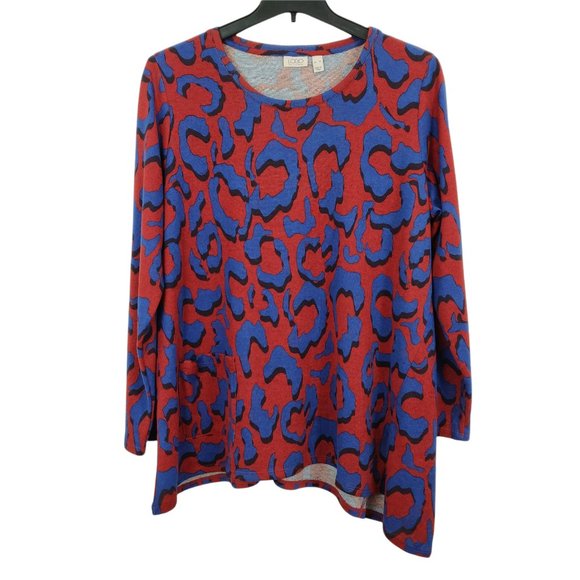 LOGO by Lori Goldstein Printed Tunic Top Size XL Red Blue Asymmetrical Pocket - Picture 2 of 7